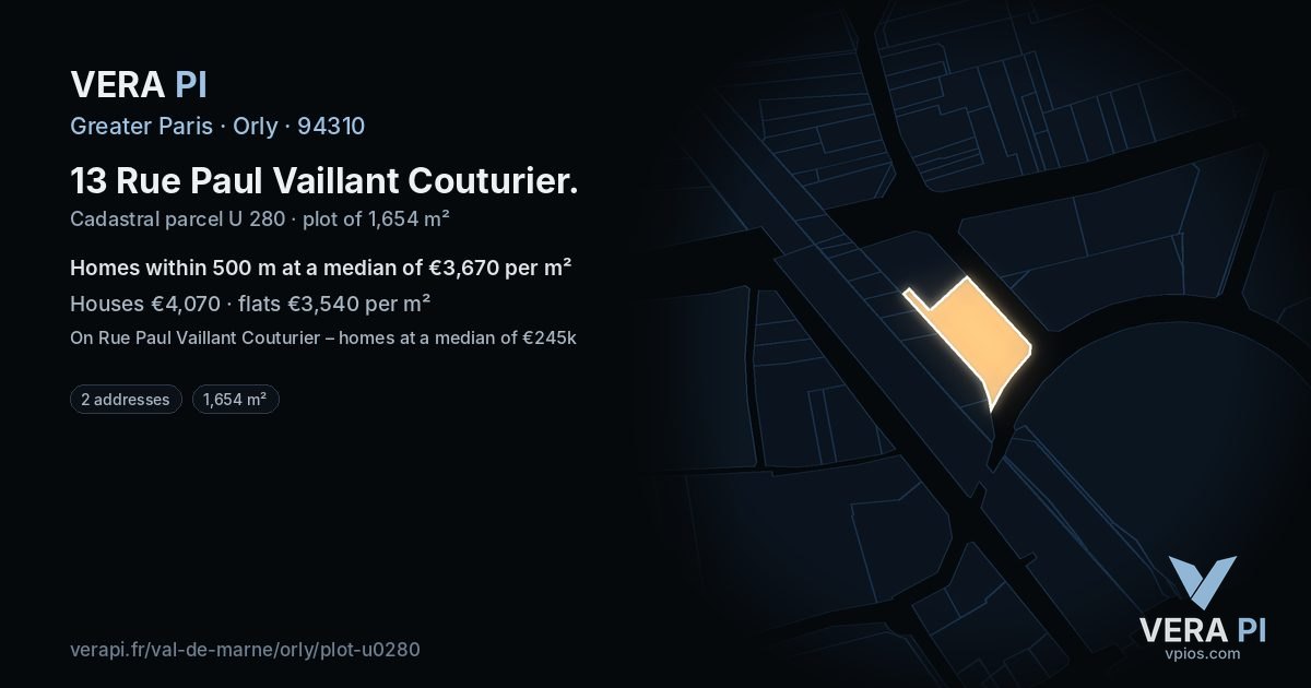 13 Rue Paul Vaillant Couturier, Orly at night – the plot lit, the parcels around coloured by the prices near them
