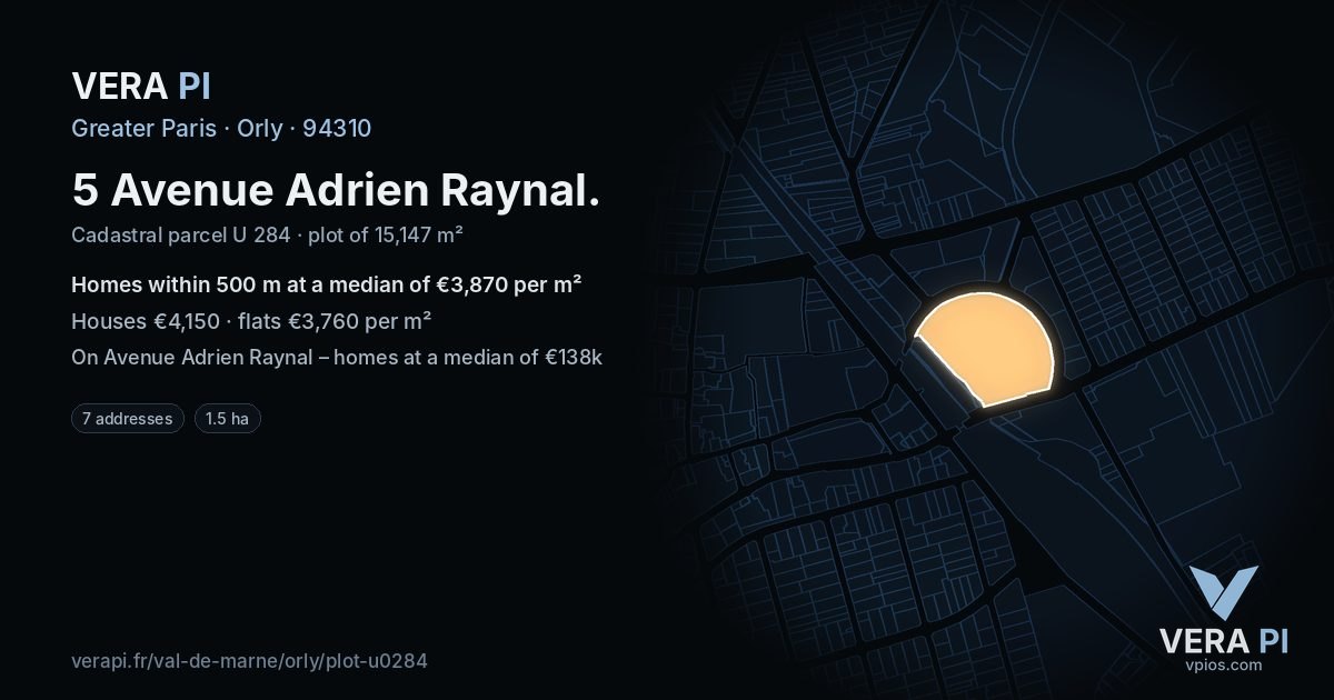 5 Avenue Adrien Raynal, Orly at night – the plot lit, the parcels around coloured by the prices near them