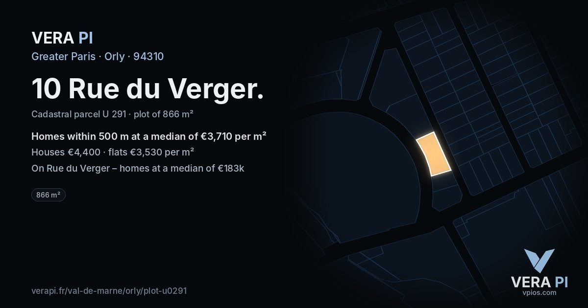 10 Rue du Verger, Orly at night – the plot lit, the parcels around coloured by the prices near them