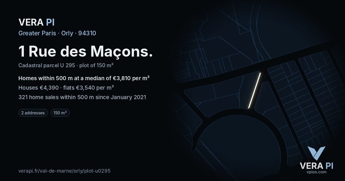1 Rue des Maçons, Orly at night – the plot lit, the parcels around coloured by the prices near them