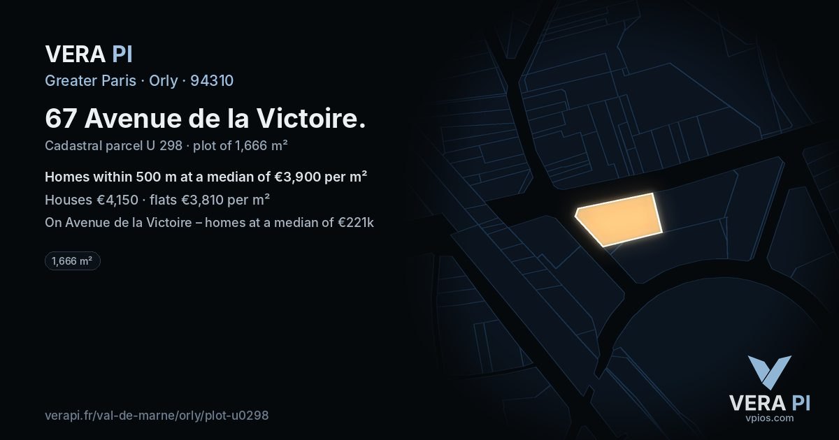 67 Avenue de la Victoire, Orly at night – the plot lit, the parcels around coloured by the prices near them