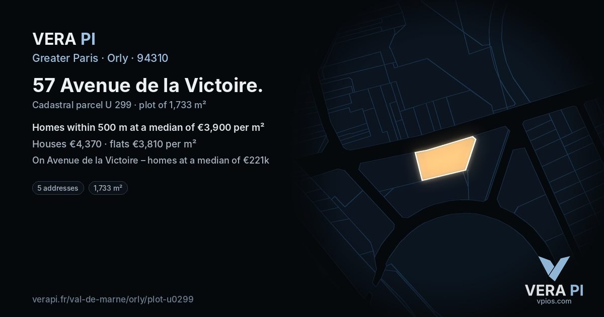 57 Avenue de la Victoire, Orly at night – the plot lit, the parcels around coloured by the prices near them