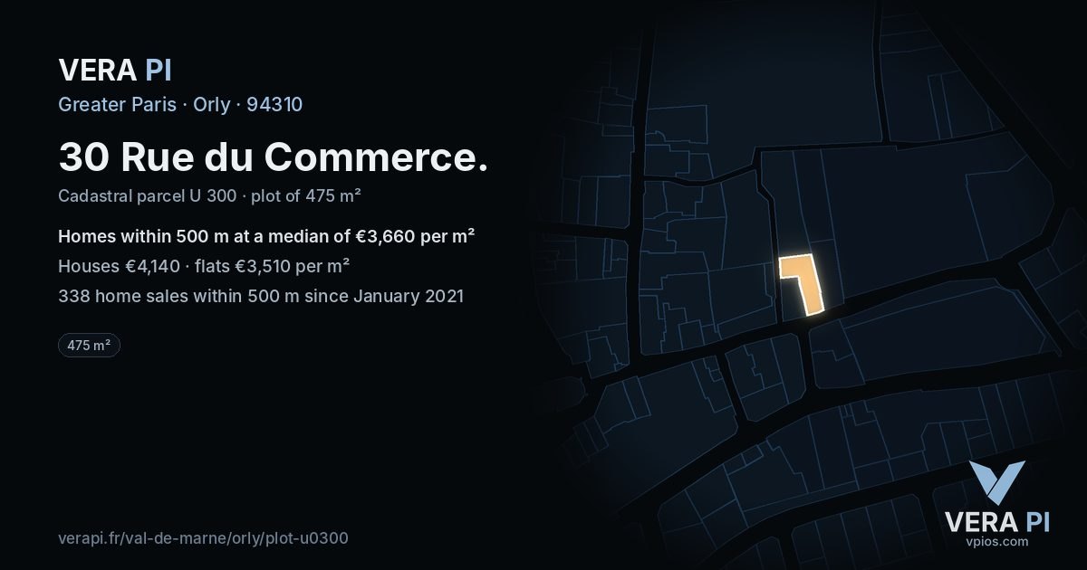 30 Rue du Commerce, Orly at night – the plot lit, the parcels around coloured by the prices near them