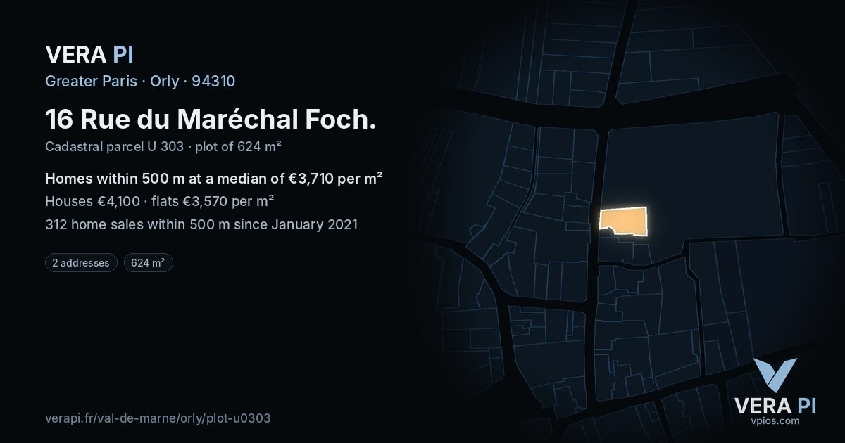16 Rue du Maréchal Foch, Orly at night – the plot lit, the parcels around coloured by the prices near them