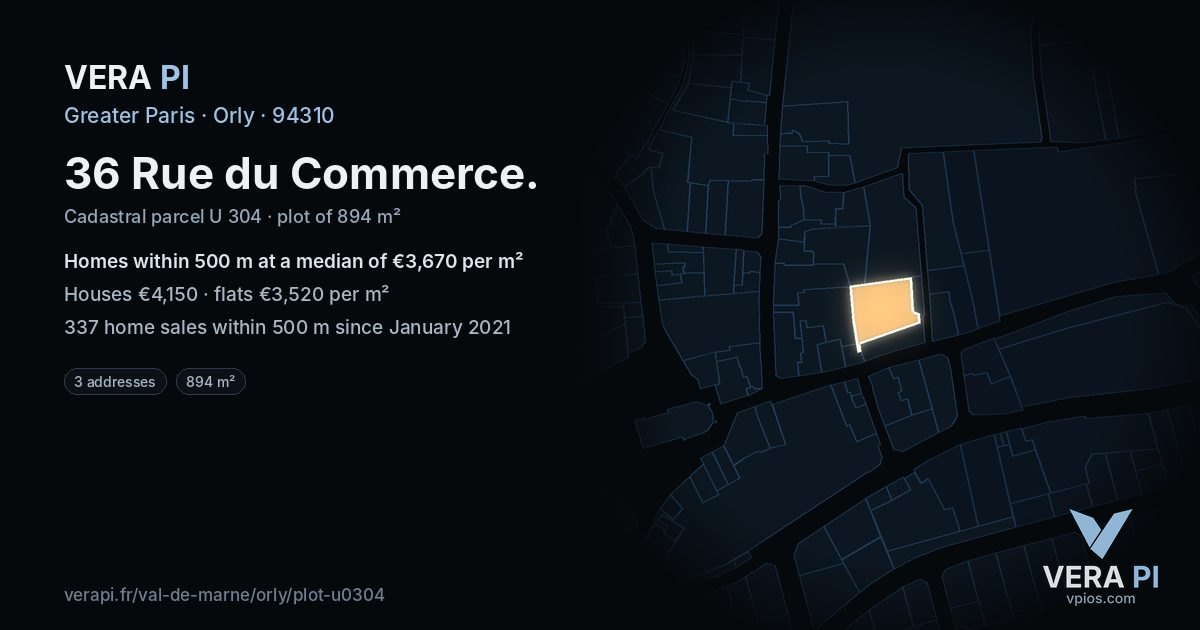 36 Rue du Commerce, Orly at night – the plot lit, the parcels around coloured by the prices near them