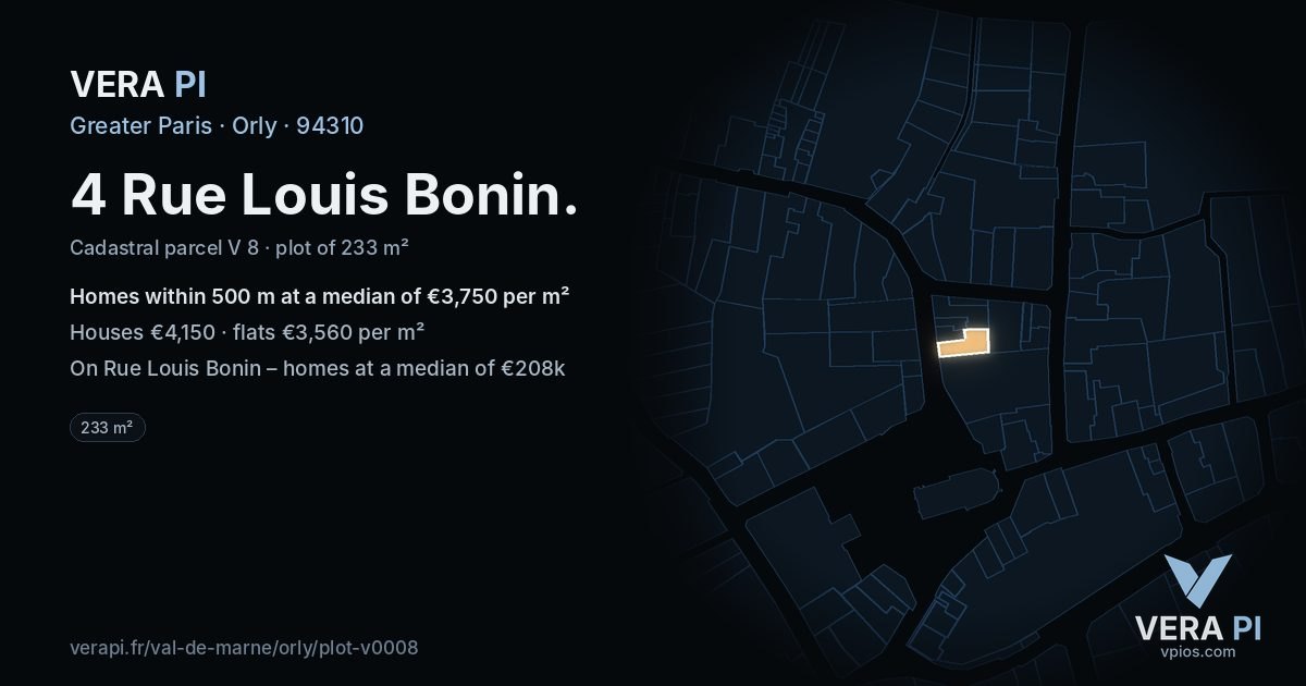 4 Rue Louis Bonin, Orly at night – the plot lit, the parcels around coloured by the prices near them