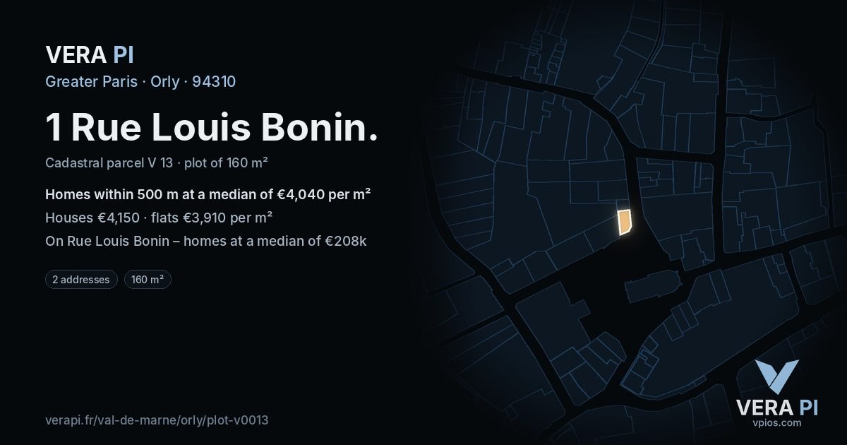 1 Rue Louis Bonin, Orly at night – the plot lit, the parcels around coloured by the prices near them