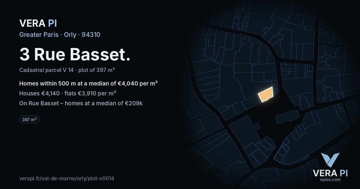 3 Rue Basset, Orly at night – the plot lit, the parcels around coloured by the prices near them