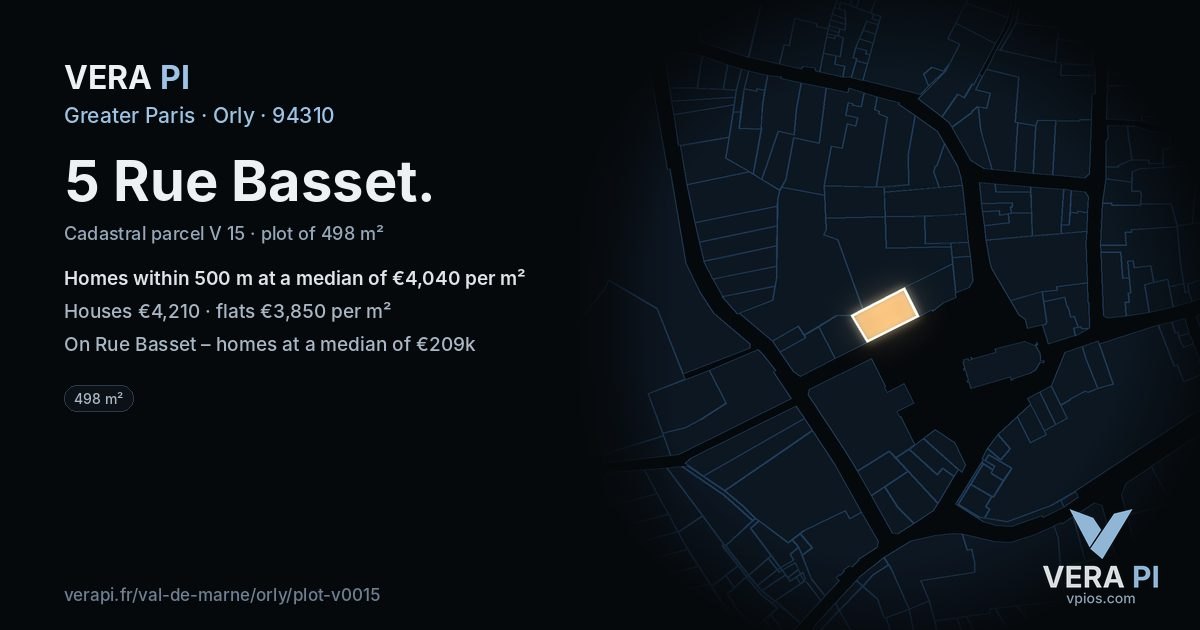 5 Rue Basset, Orly at night – the plot lit, the parcels around coloured by the prices near them