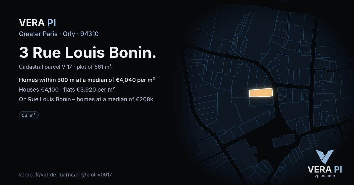 3 Rue Louis Bonin, Orly at night – the plot lit, the parcels around coloured by the prices near them