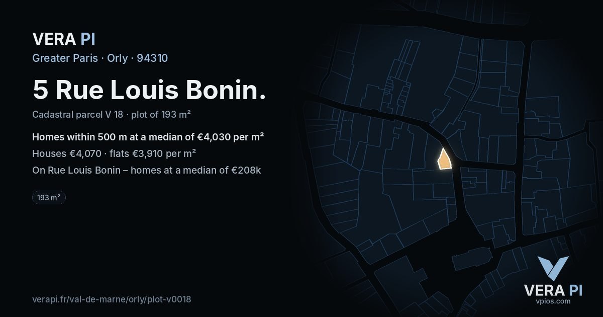 5 Rue Louis Bonin, Orly at night – the plot lit, the parcels around coloured by the prices near them