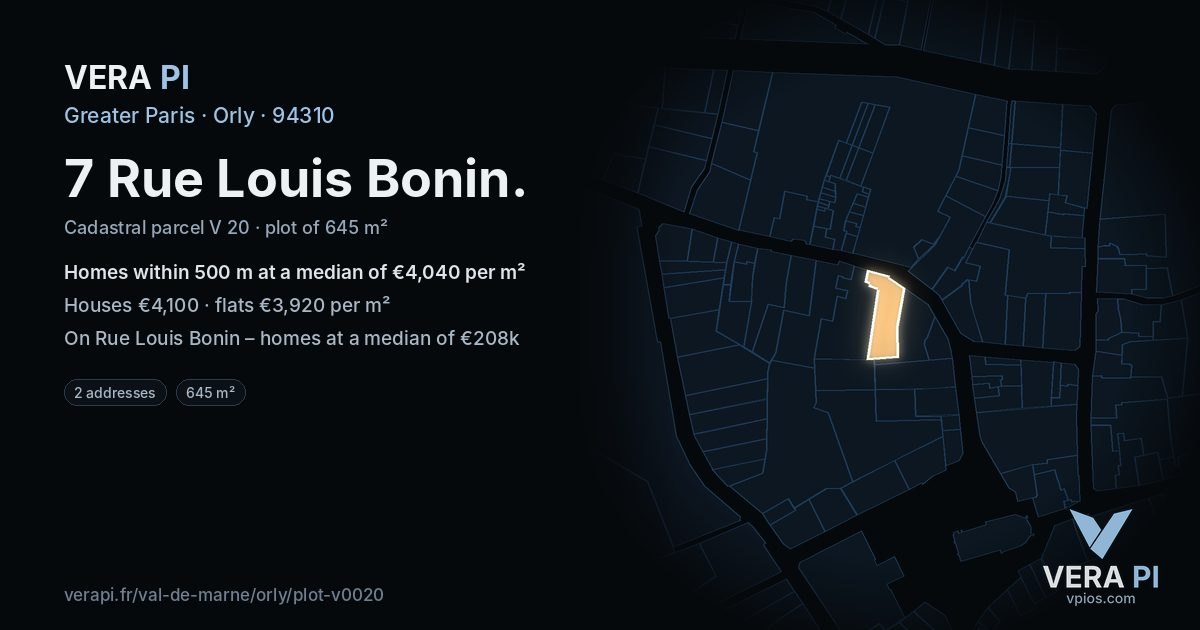 7 Rue Louis Bonin, Orly at night – the plot lit, the parcels around coloured by the prices near them