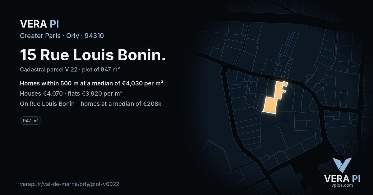 15 Rue Louis Bonin, Orly at night – the plot lit, the parcels around coloured by the prices near them