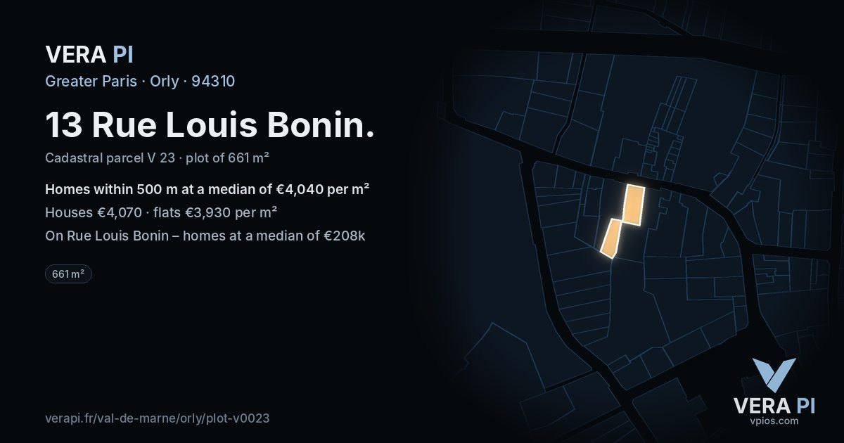 13 Rue Louis Bonin, Orly at night – the plot lit, the parcels around coloured by the prices near them