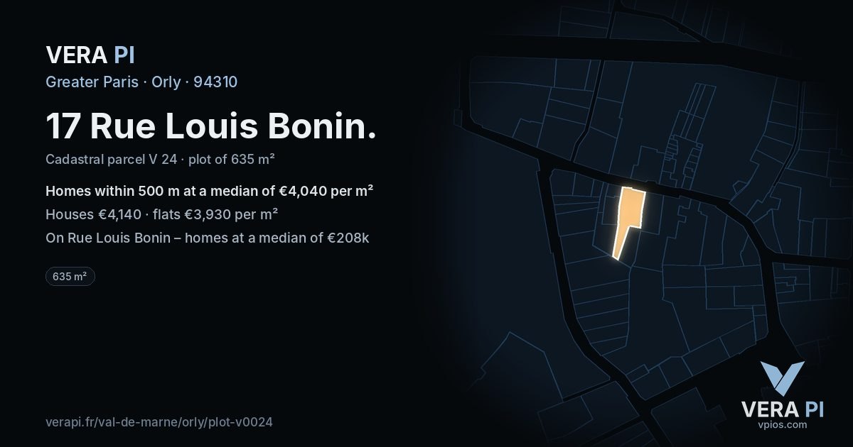 17 Rue Louis Bonin, Orly at night – the plot lit, the parcels around coloured by the prices near them