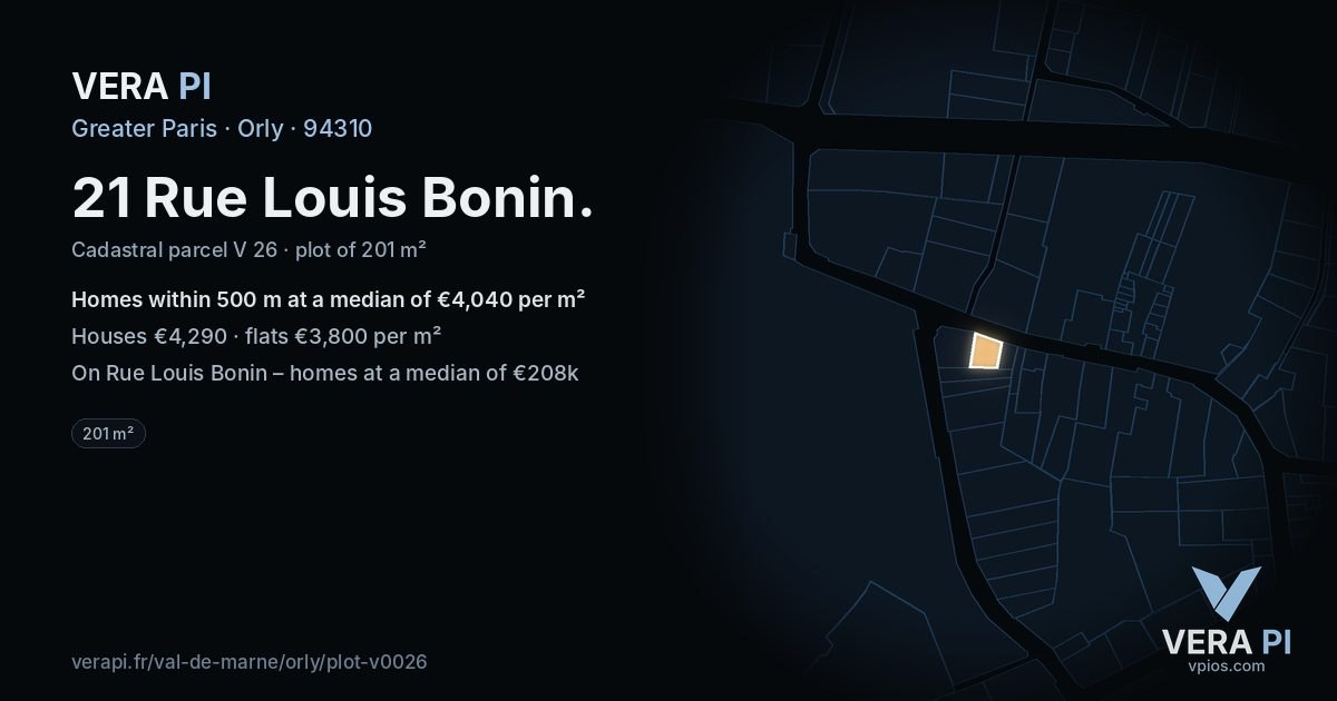 21 Rue Louis Bonin, Orly at night – the plot lit, the parcels around coloured by the prices near them