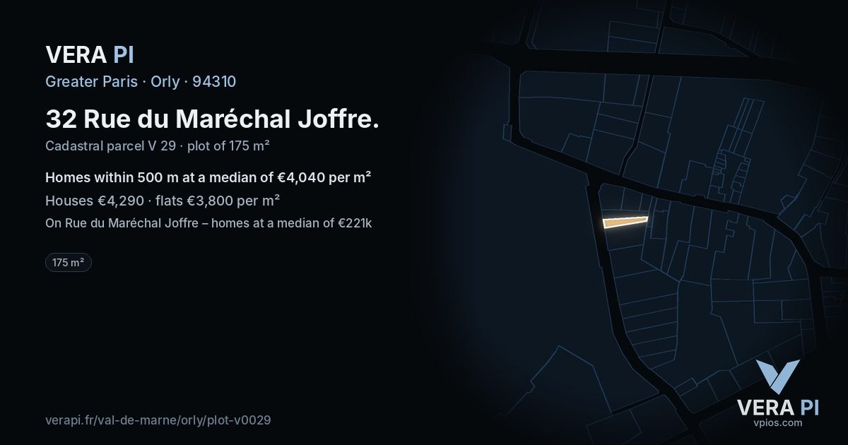 32 Rue du Maréchal Joffre, Orly at night – the plot lit, the parcels around coloured by the prices near them