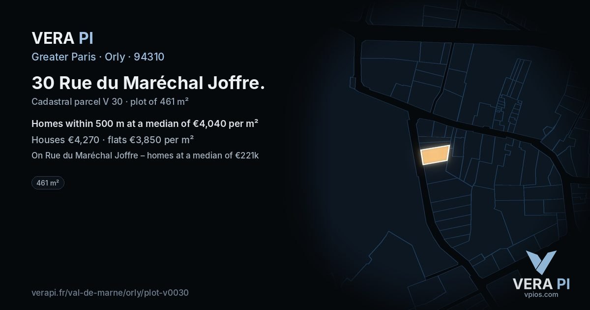 30 Rue du Maréchal Joffre, Orly at night – the plot lit, the parcels around coloured by the prices near them