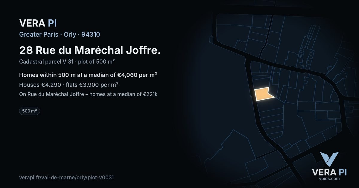 28 Rue du Maréchal Joffre, Orly at night – the plot lit, the parcels around coloured by the prices near them