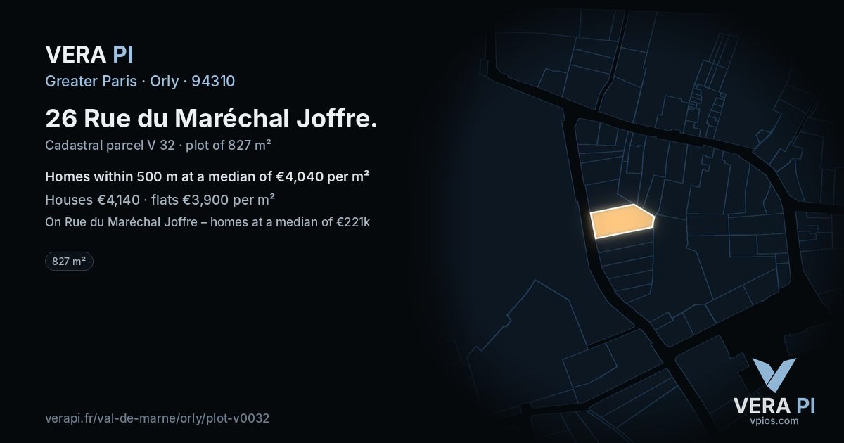 26 Rue du Maréchal Joffre, Orly at night – the plot lit, the parcels around coloured by the prices near them