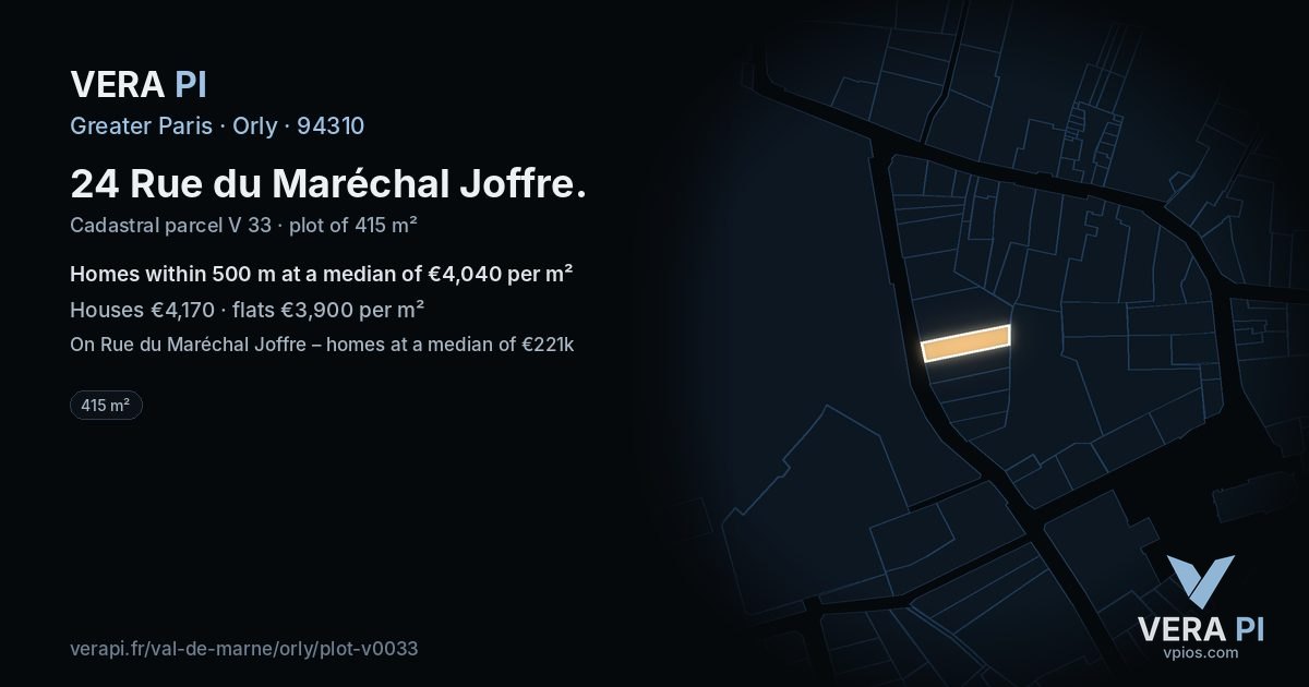 24 Rue du Maréchal Joffre, Orly at night – the plot lit, the parcels around coloured by the prices near them