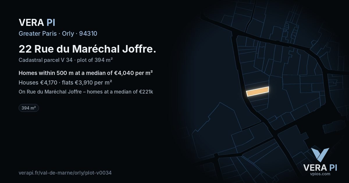 22 Rue du Maréchal Joffre, Orly at night – the plot lit, the parcels around coloured by the prices near them
