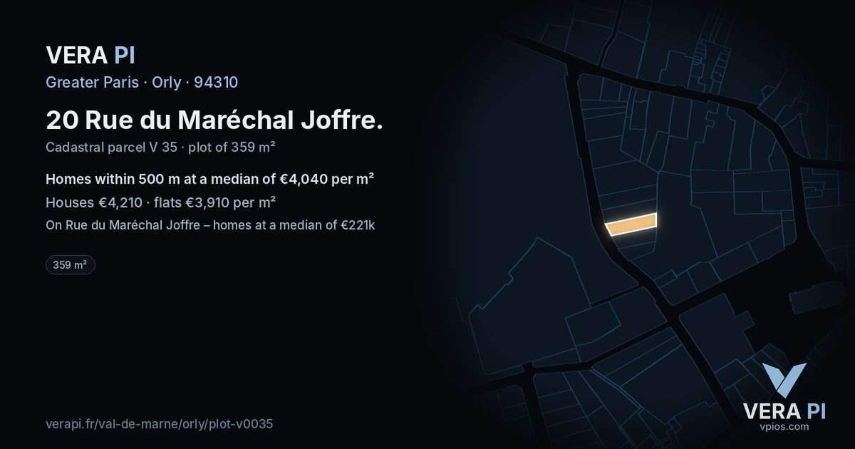 20 Rue du Maréchal Joffre, Orly at night – the plot lit, the parcels around coloured by the prices near them