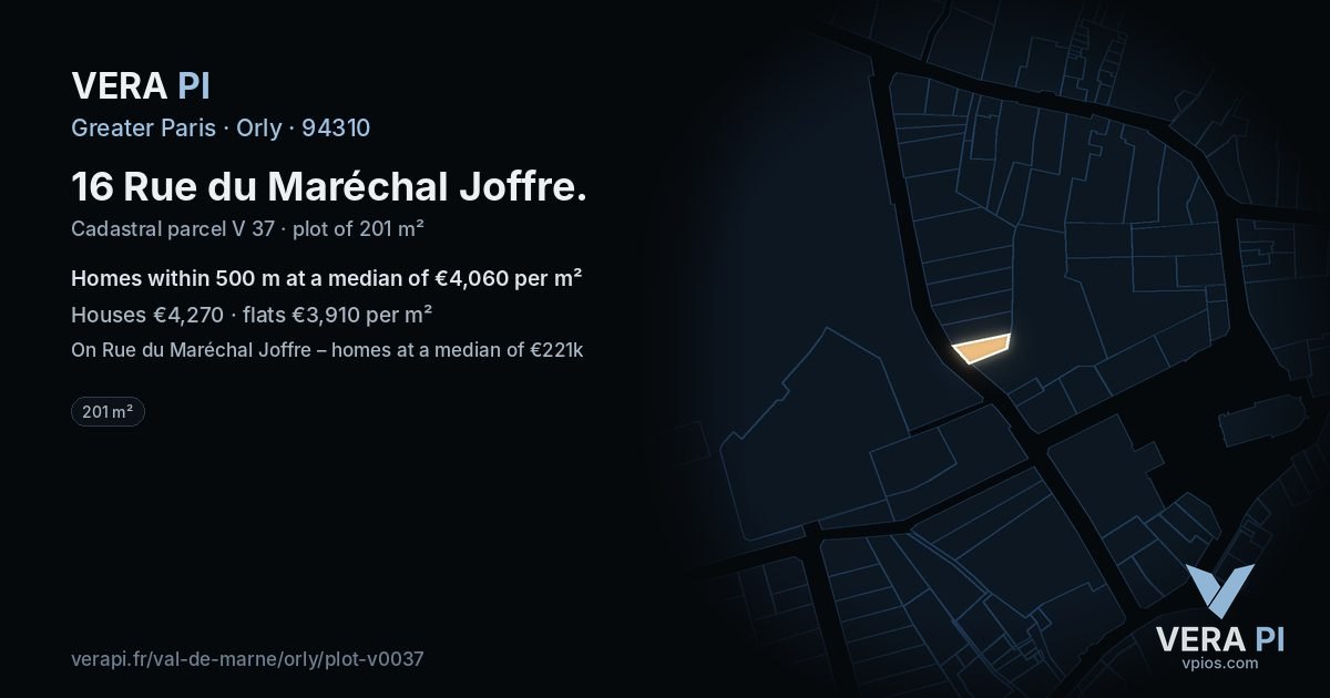 16 Rue du Maréchal Joffre, Orly at night – the plot lit, the parcels around coloured by the prices near them