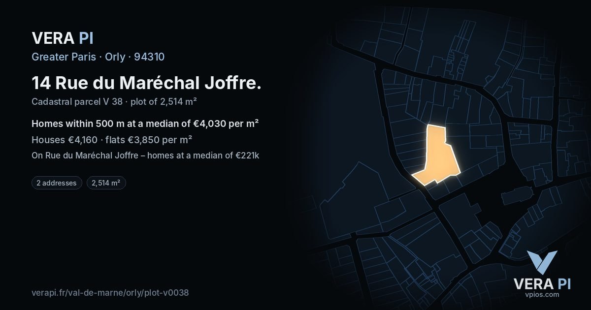 14 Rue du Maréchal Joffre, Orly at night – the plot lit, the parcels around coloured by the prices near them