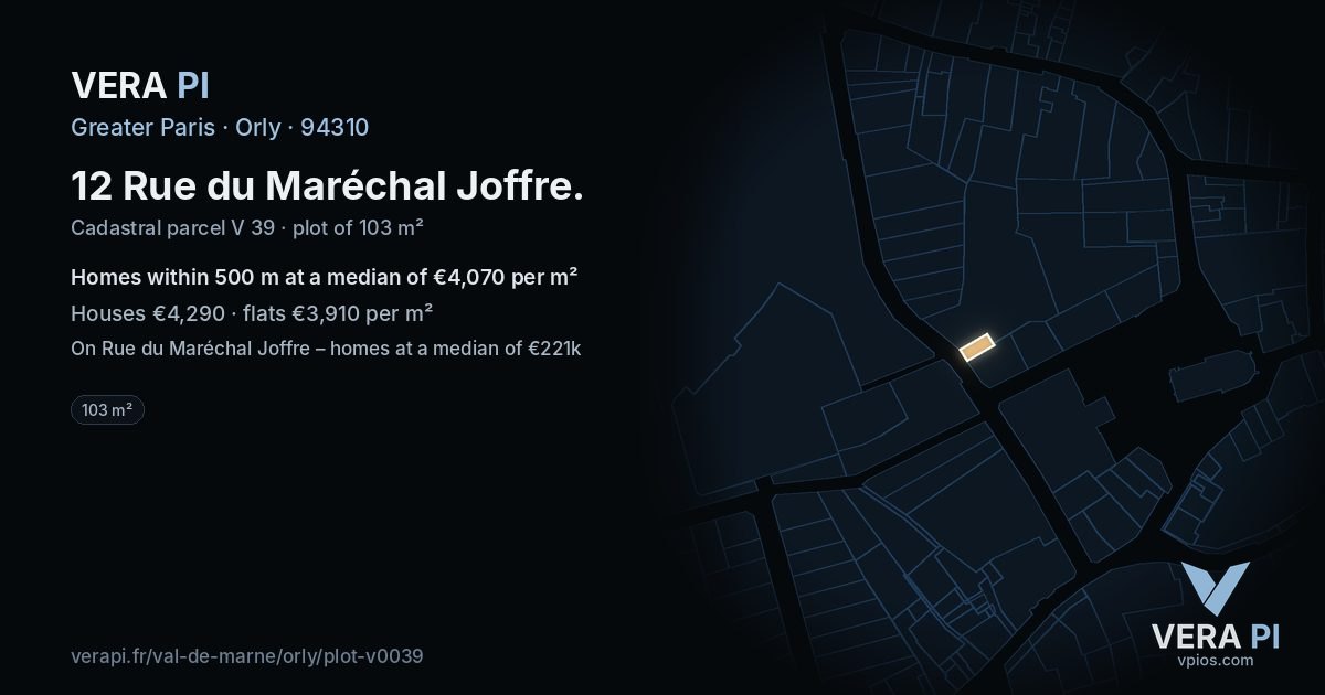 12 Rue du Maréchal Joffre, Orly at night – the plot lit, the parcels around coloured by the prices near them