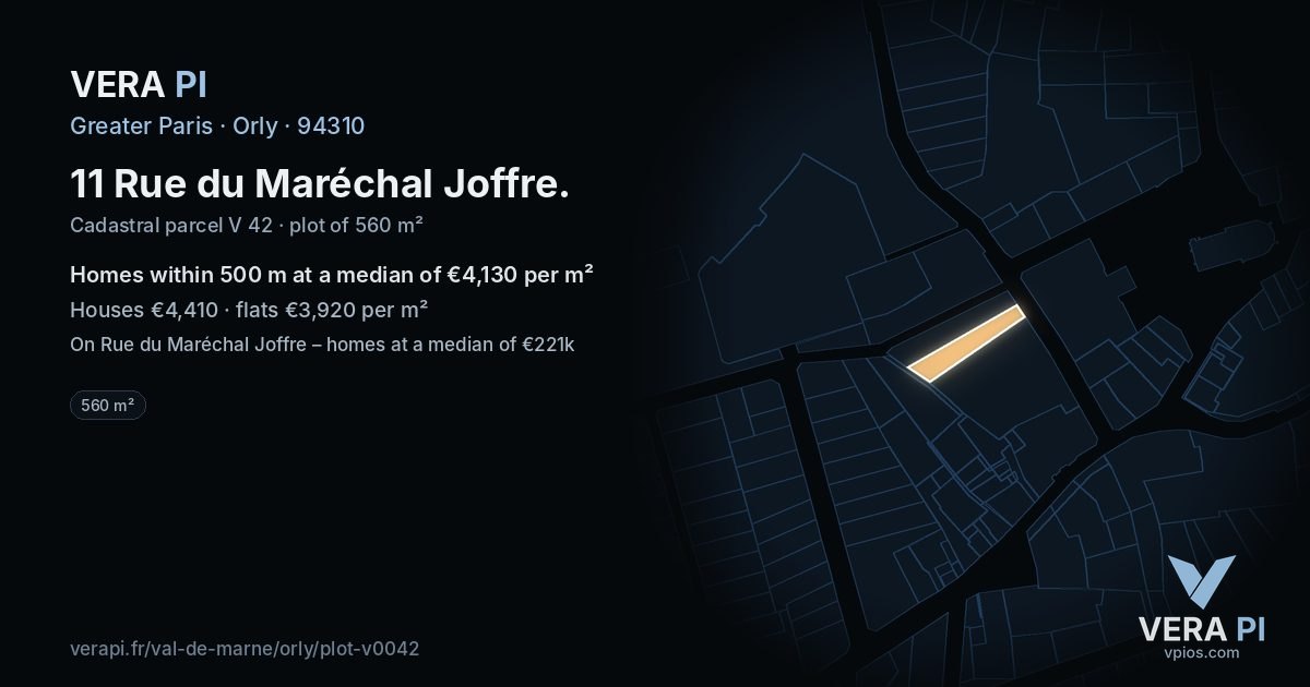 11 Rue du Maréchal Joffre, Orly at night – the plot lit, the parcels around coloured by the prices near them