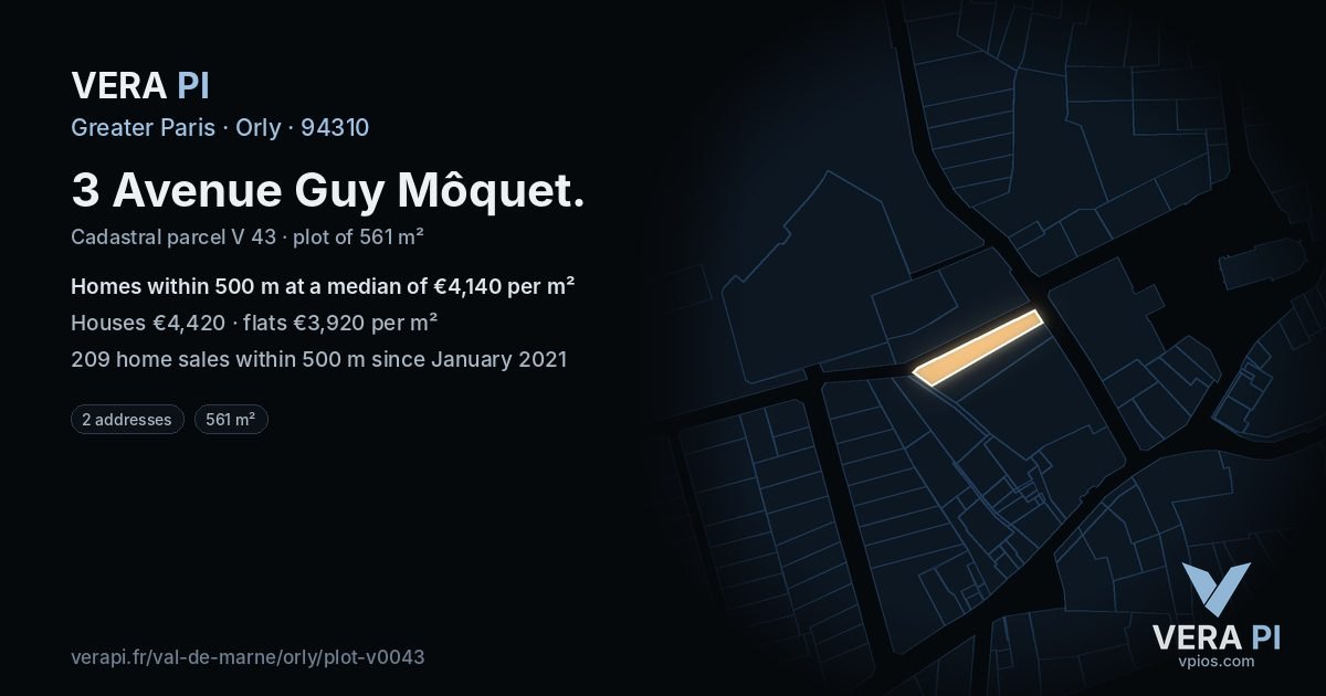 3 Avenue Guy Môquet, Orly at night – the plot lit, the parcels around coloured by the prices near them