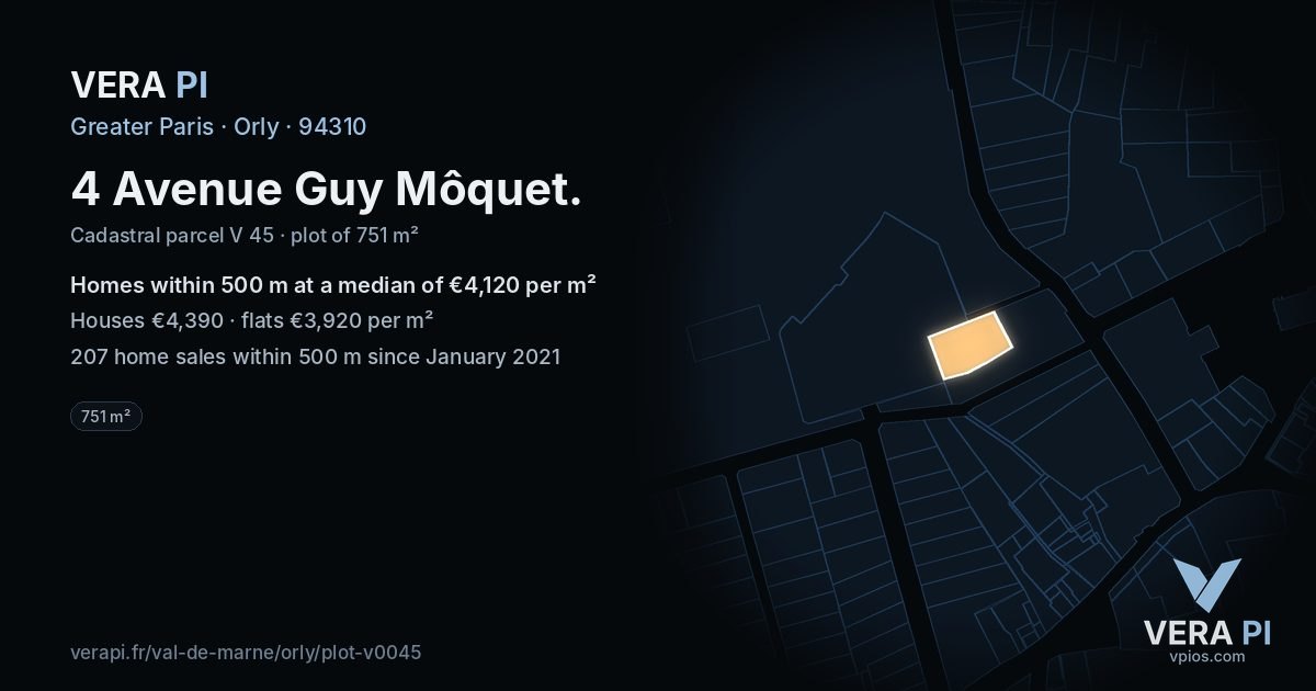 4 Avenue Guy Môquet, Orly at night – the plot lit, the parcels around coloured by the prices near them