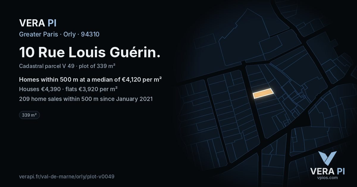 10 Rue Louis Guérin, Orly at night – the plot lit, the parcels around coloured by the prices near them