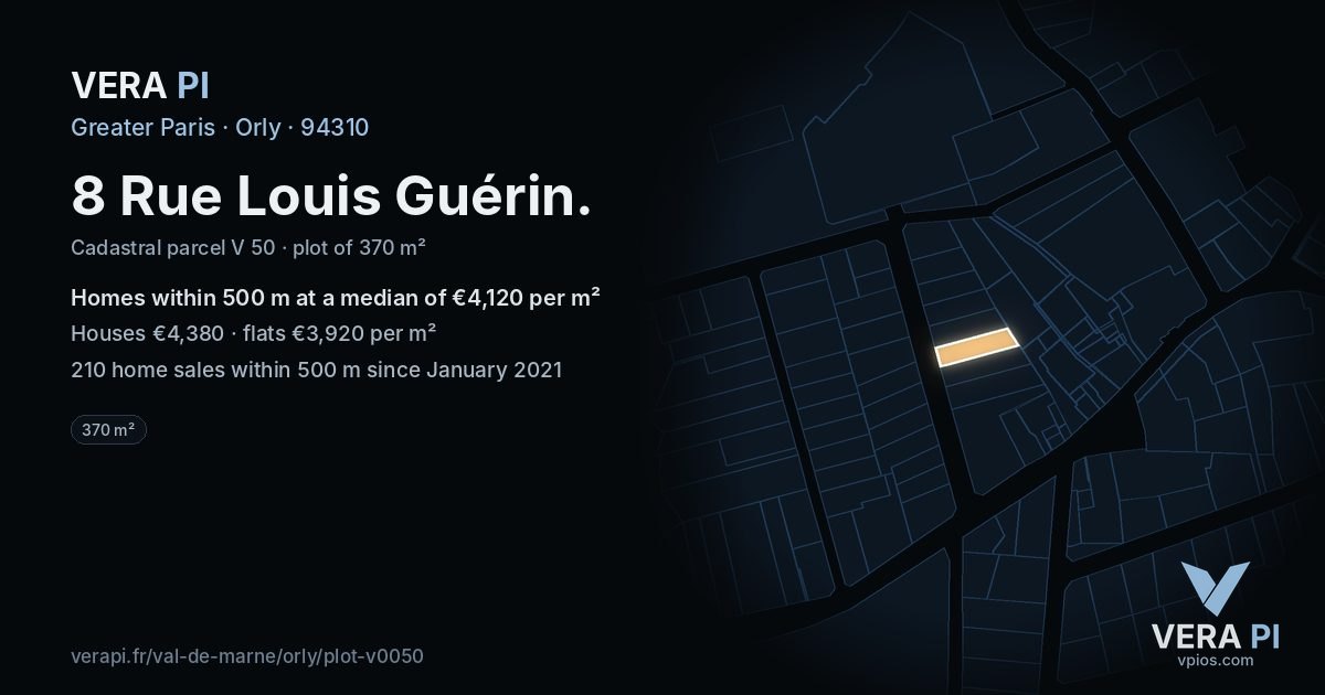 8 Rue Louis Guérin, Orly at night – the plot lit, the parcels around coloured by the prices near them