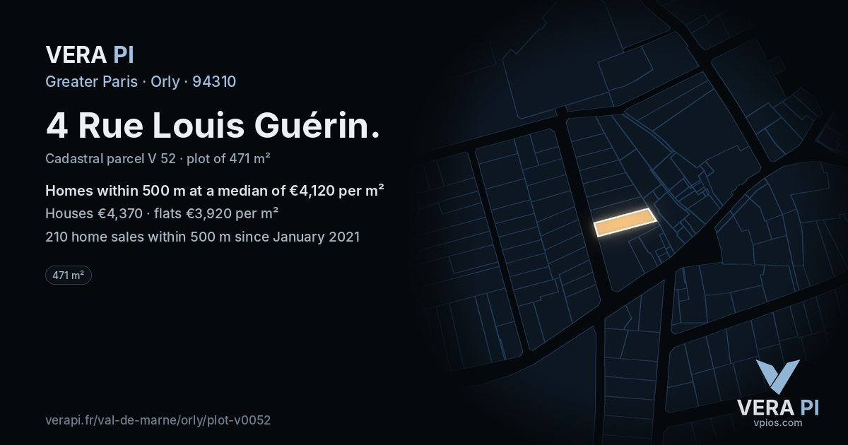 4 Rue Louis Guérin, Orly at night – the plot lit, the parcels around coloured by the prices near them