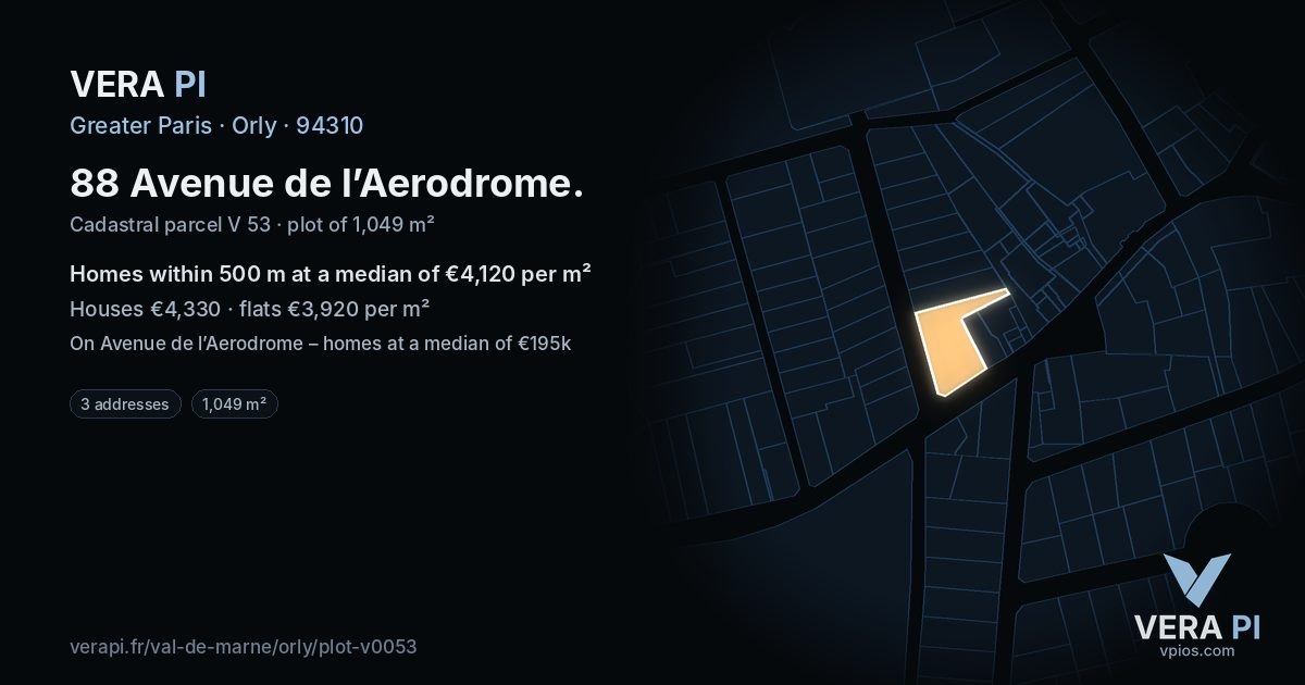 88 Avenue de l’Aerodrome, Orly at night – the plot lit, the parcels around coloured by the prices near them