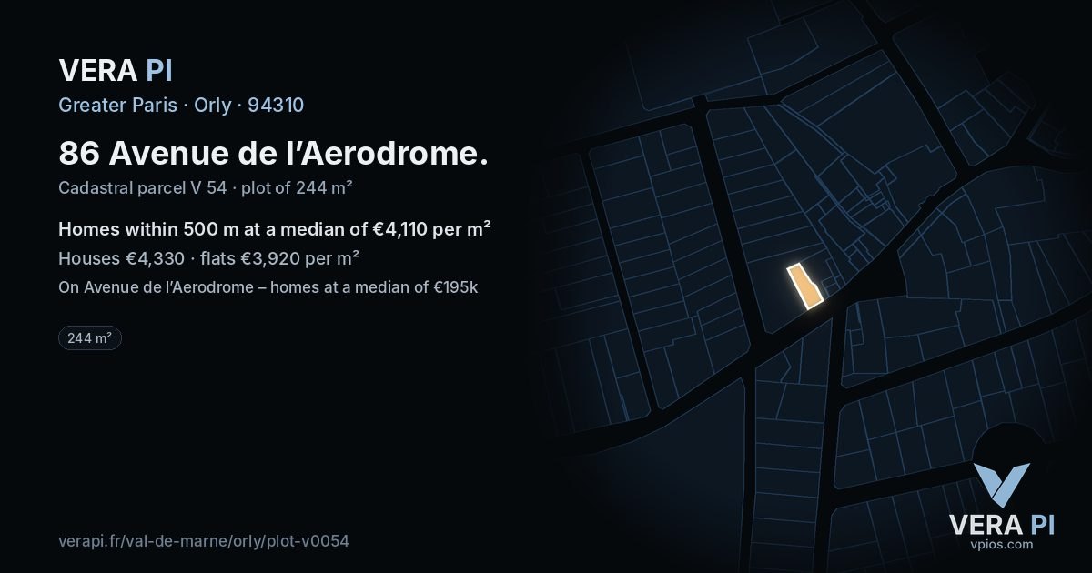 86 Avenue de l’Aerodrome, Orly at night – the plot lit, the parcels around coloured by the prices near them