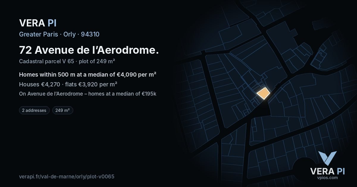 72 Avenue de l’Aerodrome, Orly at night – the plot lit, the parcels around coloured by the prices near them