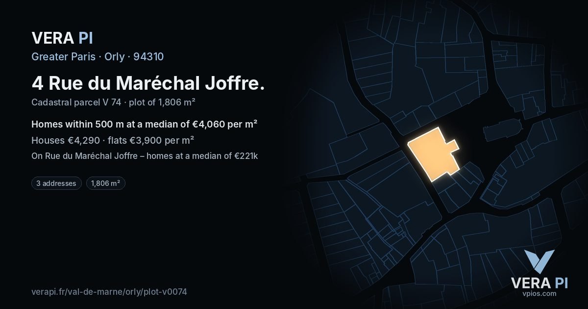 4 Rue du Maréchal Joffre, Orly at night – the plot lit, the parcels around coloured by the prices near them