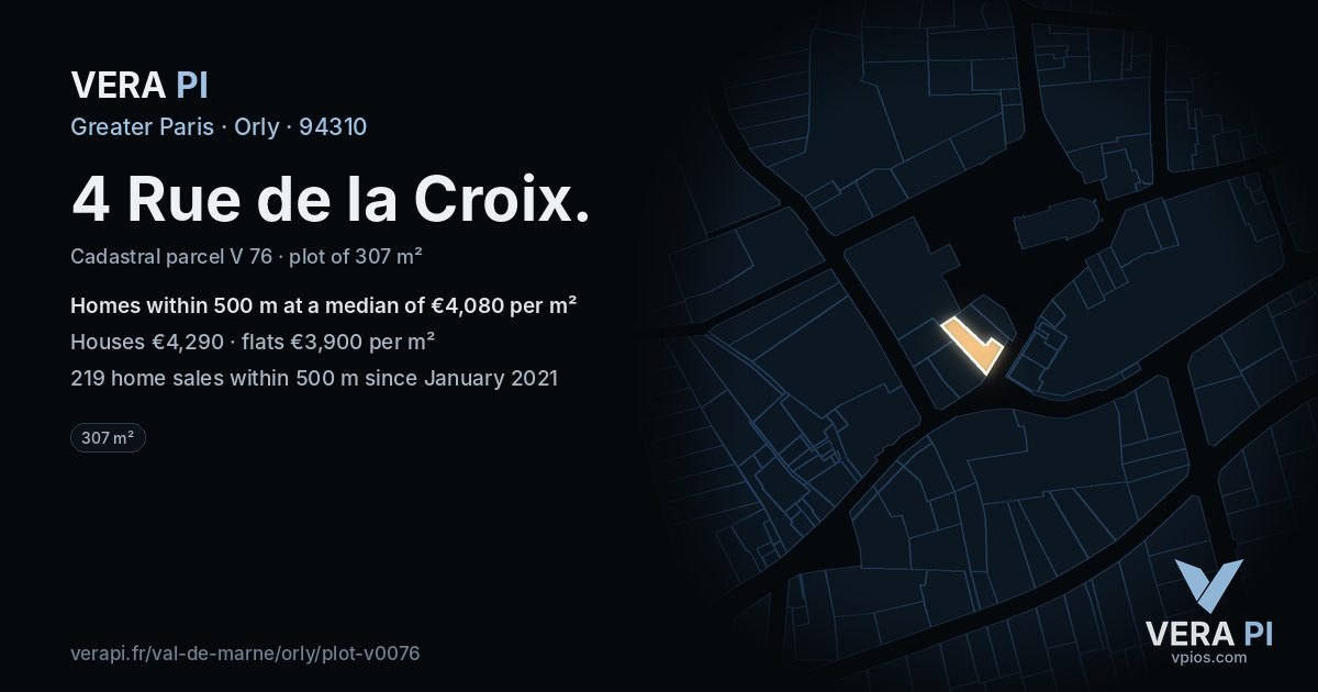 4 Rue de la Croix, Orly at night – the plot lit, the parcels around coloured by the prices near them