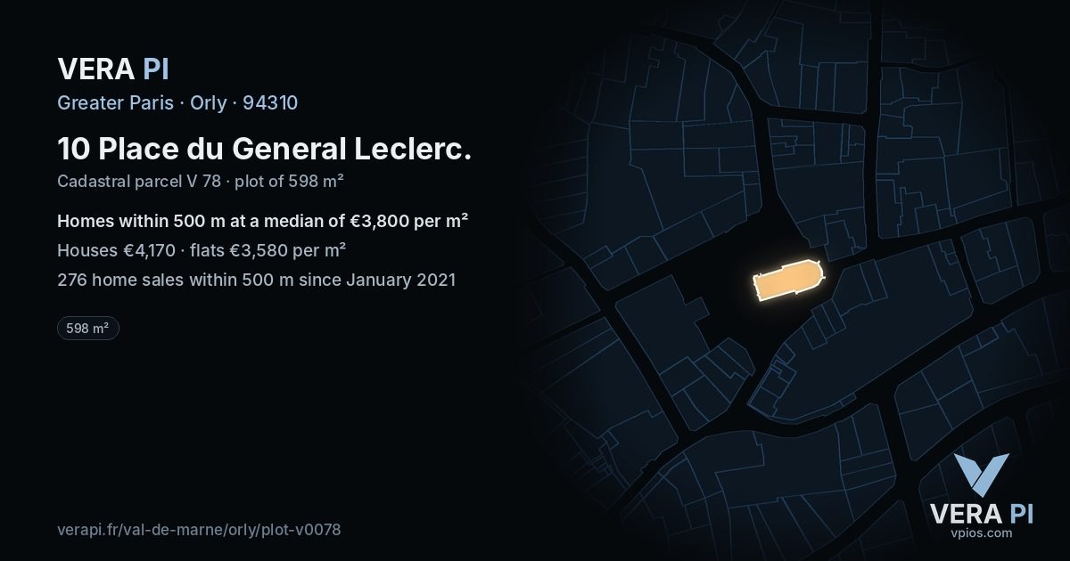 10 Place du General Leclerc, Orly at night – the plot lit, the parcels around coloured by the prices near them