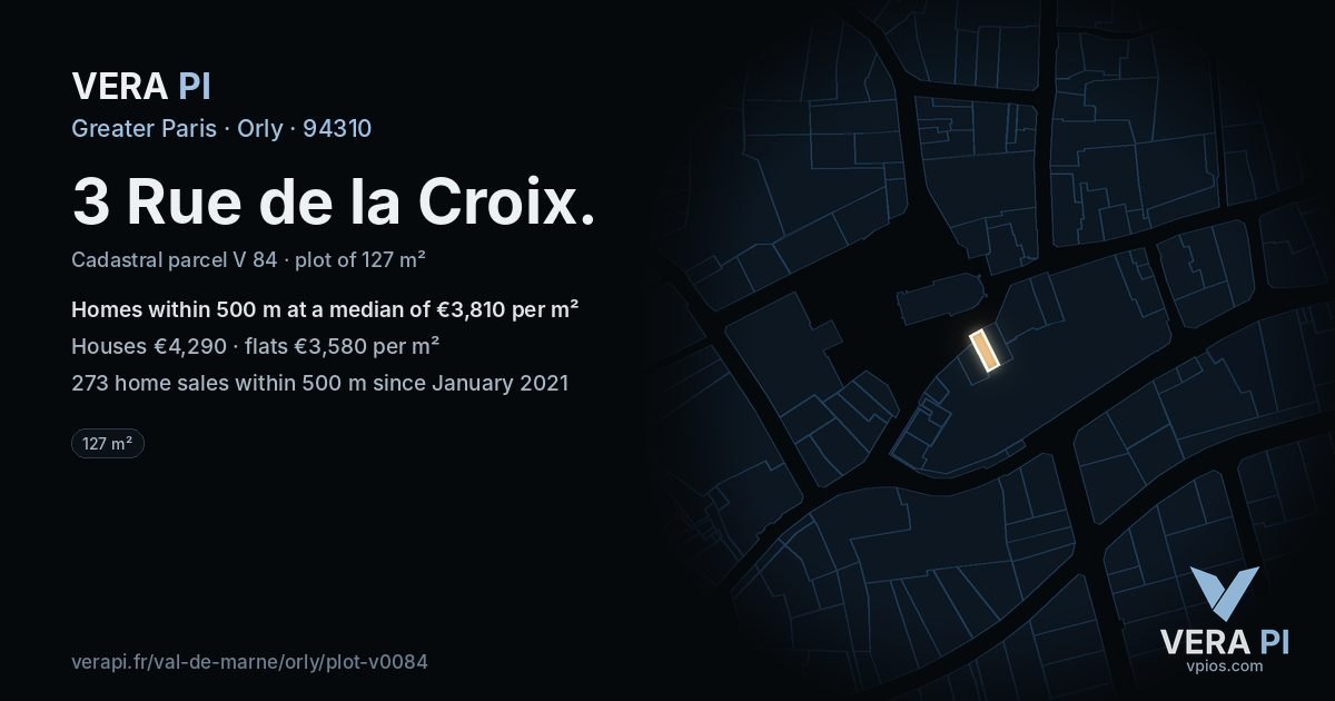 3 Rue de la Croix, Orly at night – the plot lit, the parcels around coloured by the prices near them