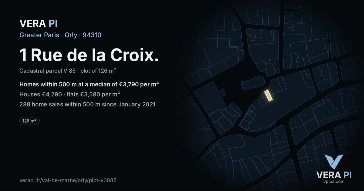 1 Rue de la Croix, Orly at night – the plot lit, the parcels around coloured by the prices near them