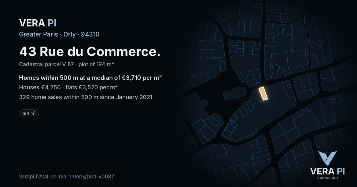 43 Rue du Commerce, Orly at night – the plot lit, the parcels around coloured by the prices near them
