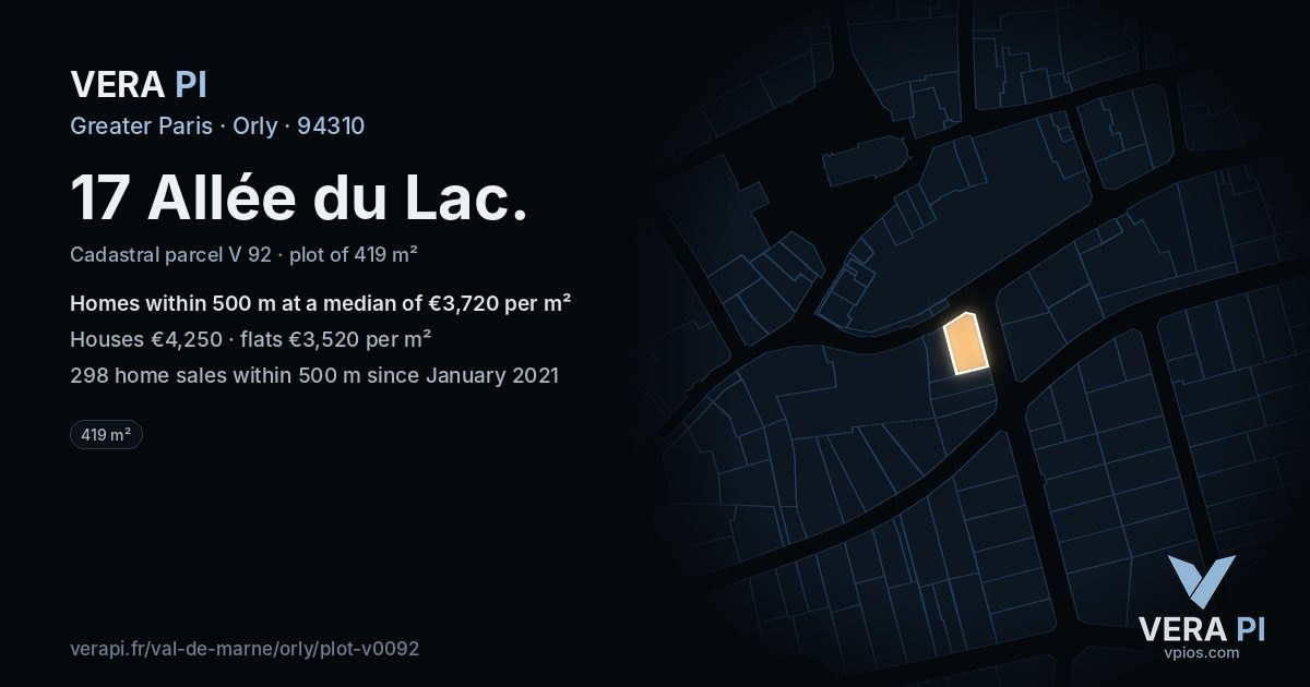 17 Allée du Lac, Orly at night – the plot lit, the parcels around coloured by the prices near them