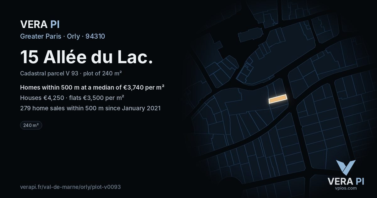 15 Allée du Lac, Orly at night – the plot lit, the parcels around coloured by the prices near them