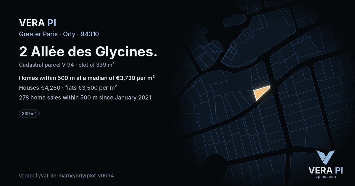 2 Allée des Glycines, Orly at night – the plot lit, the parcels around coloured by the prices near them