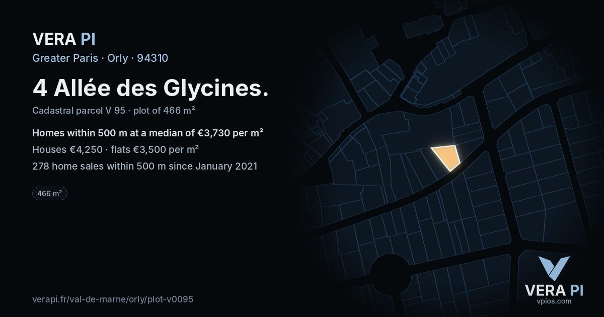 4 Allée des Glycines, Orly at night – the plot lit, the parcels around coloured by the prices near them