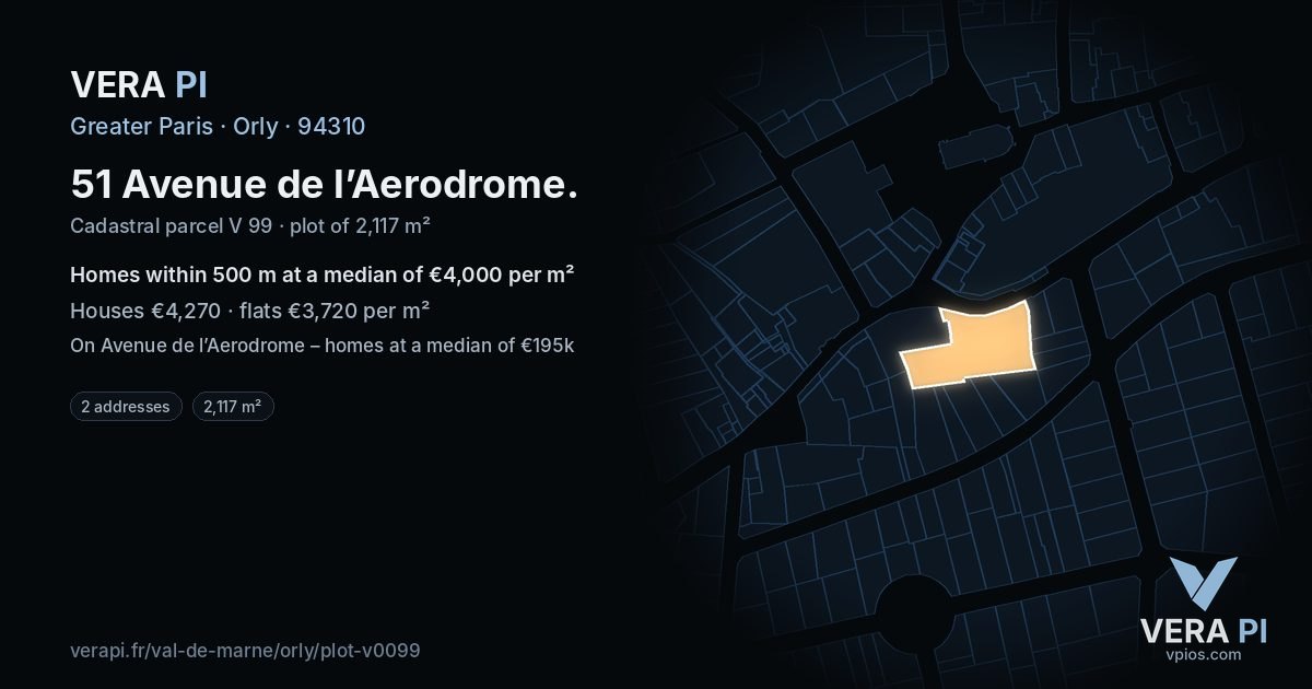 51 Avenue de l’Aerodrome, Orly at night – the plot lit, the parcels around coloured by the prices near them